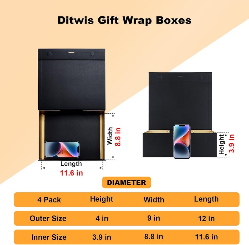 Ditwis 4 Pack 12x9x4 Inches Gift Boxes with Magnetic Closure Lids, Black-Gold Magnetic Box with Ribbon for Wedding, Groomsmen Bridesmaid Proposal, Birthdays, Mother's Day - Image 2